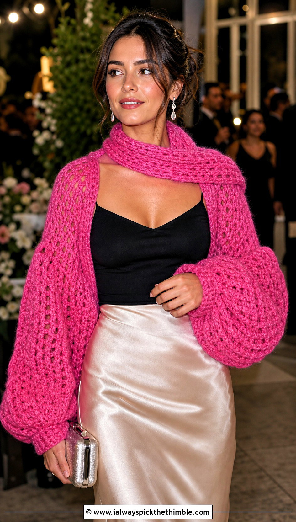 Balloon Sleeve Crochet Scarf With Sleeves And Satin Slip Skirt - 15 Crochet For Scarf With Sleeves outfit ideas