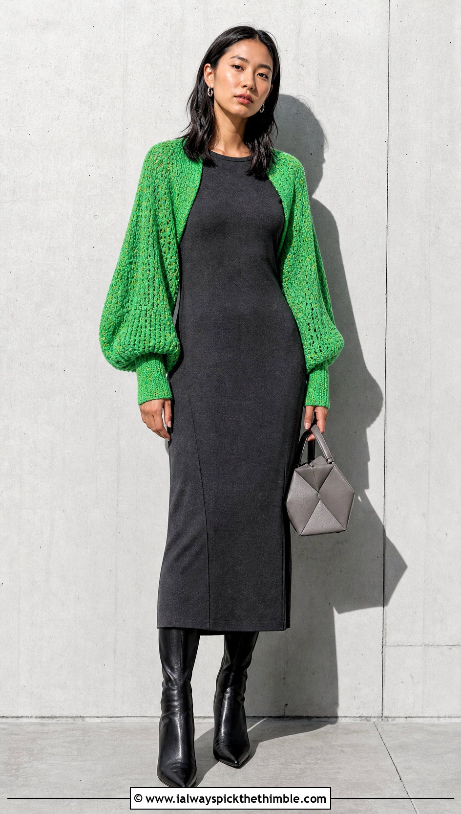 Balloon Sleeve Crochet Shrug With Column Dress - 20 crochet long sleeve shrug outfit ideas