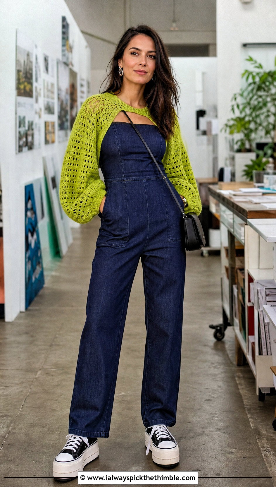 Balloon Sleeve Crochet Shrug With Denim Jumpsuit - 20 Mini Crochet Sweater outfit ideas