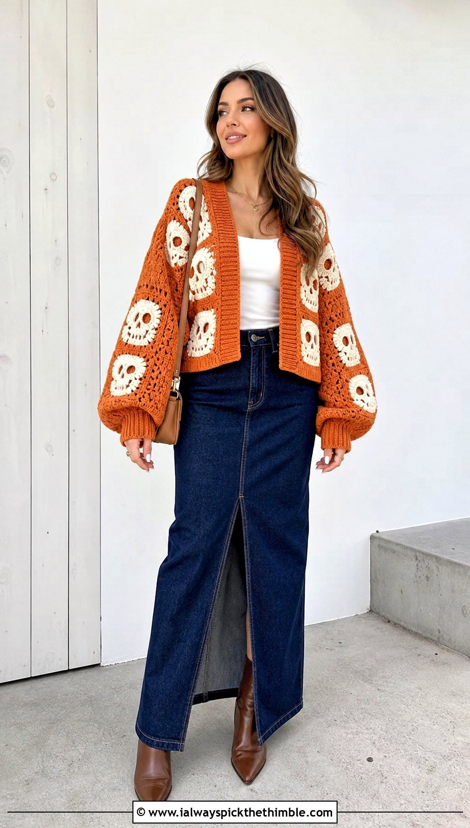 Balloon Sleeve Crochet Skull Granny Square Cardigan With Denim Maxi Skirt - 20 crochet skull granny square cardigan outfit ideas