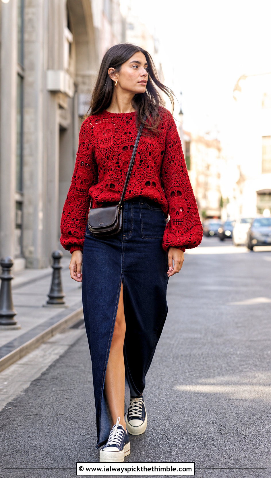 Balloon Sleeve Crochet Skull Sweater With Denim Maxi Skirt - 25 crochet skull sweater outfit ideas