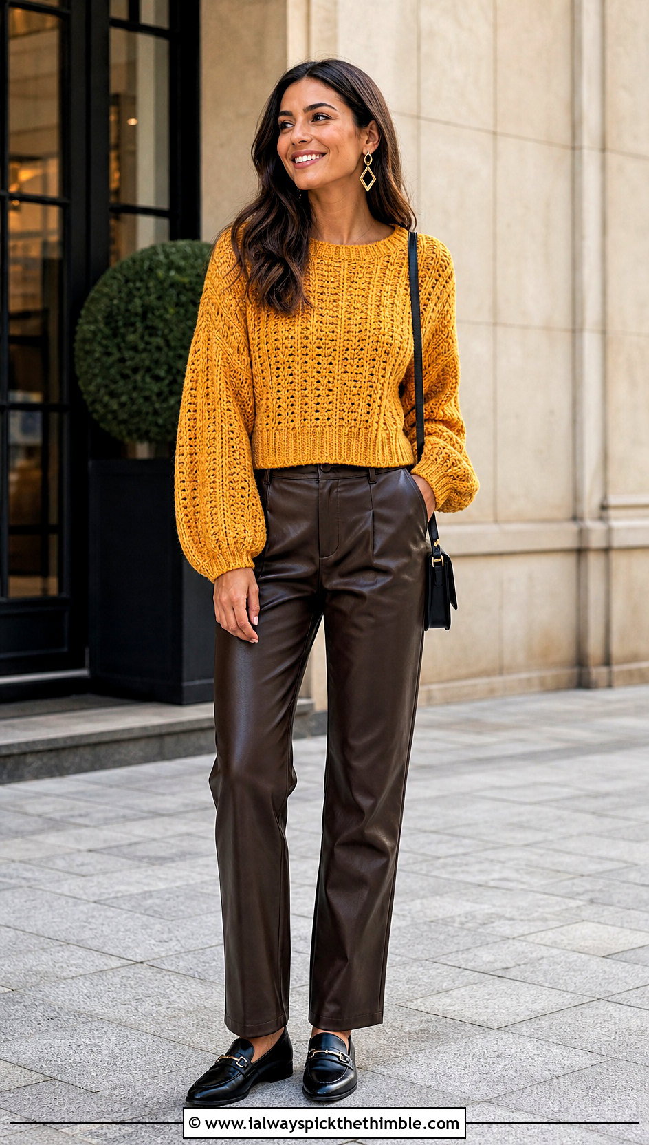 Balloon Sleeve Crochet Spring Sweater With Leather Pants - 25 crochet spring sweater outfit ideas