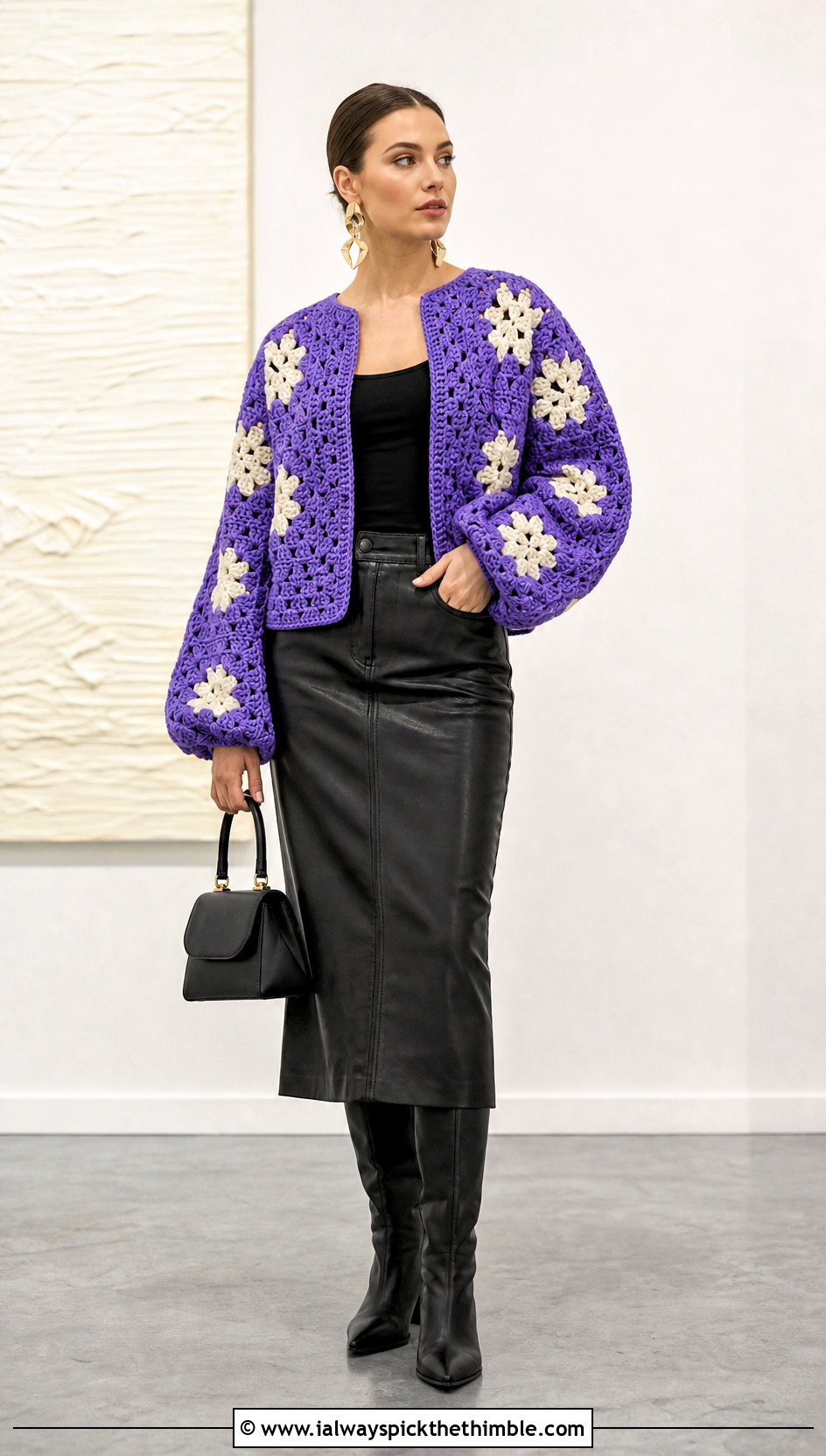 Balloon Sleeve Crochet Star Granny Square Cardigan With Leather Skirt - 20 Crochet Star Granny Square Cardigan outfit ideas