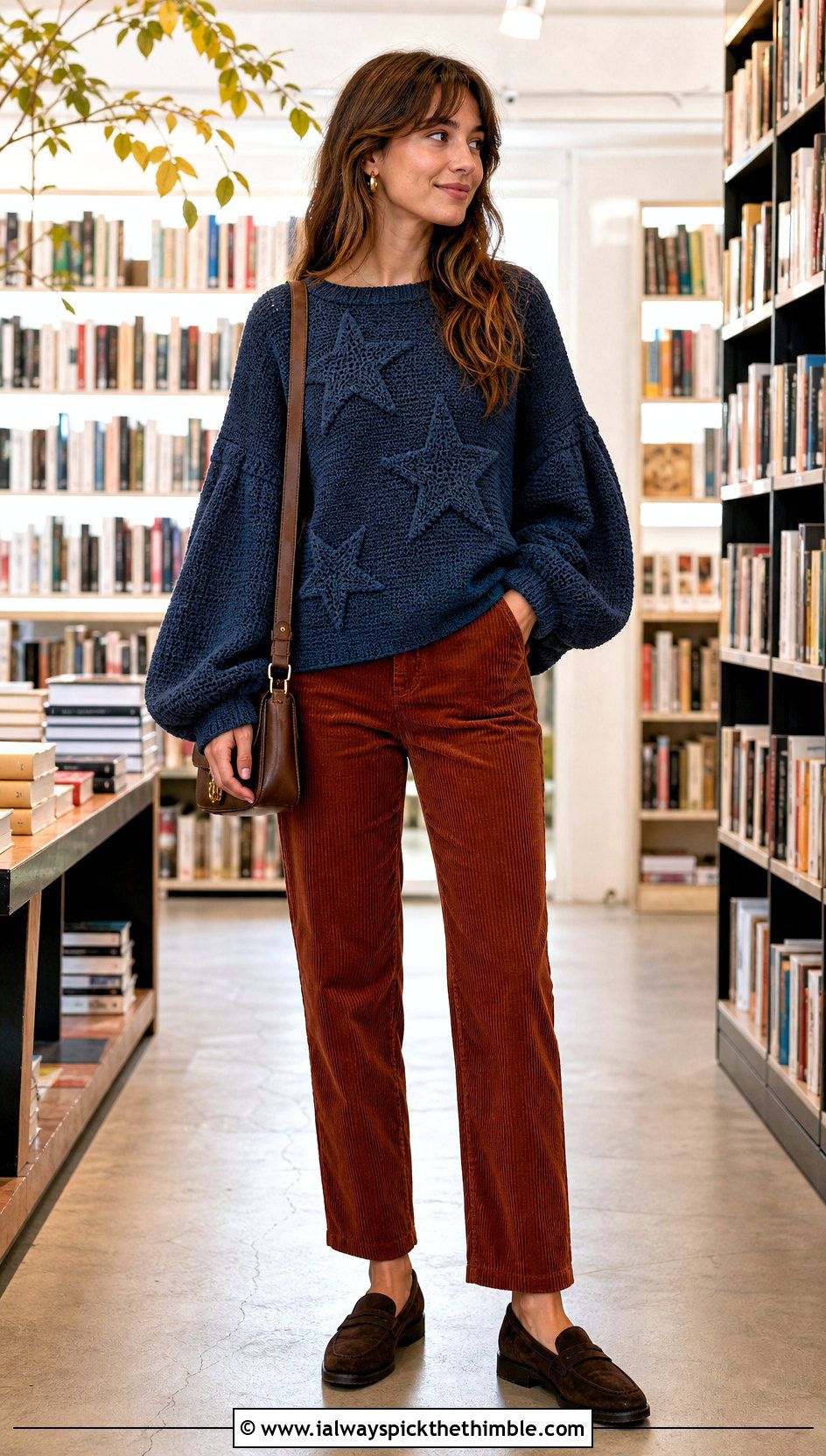 Balloon Sleeve Crochet Star Sweater With Corduroy Pants - 25 crochet star sweater outfit ideas