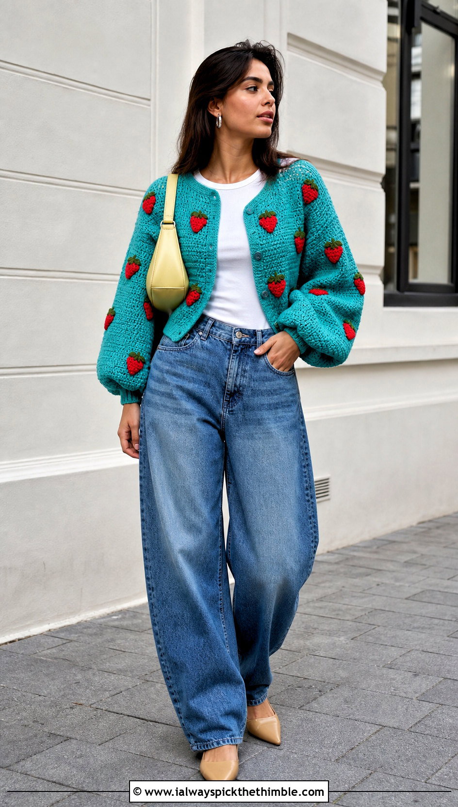 Balloon Sleeve Crochet Strawberry Cardigan With Barrel Jeans - 25 crochet strawberry cardigan outfit ideas