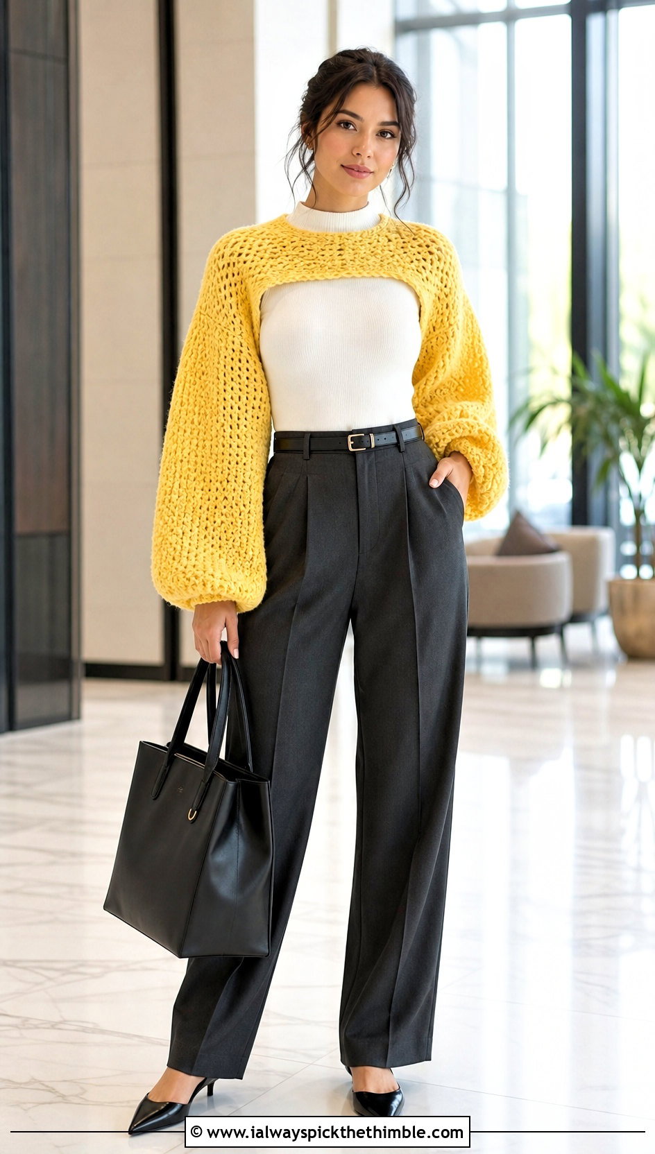 Balloon Sleeve Crochet Super Cropped Sweater With Tailored Trousers - 15 Crochet Super Cropped Sweater outfit ideas