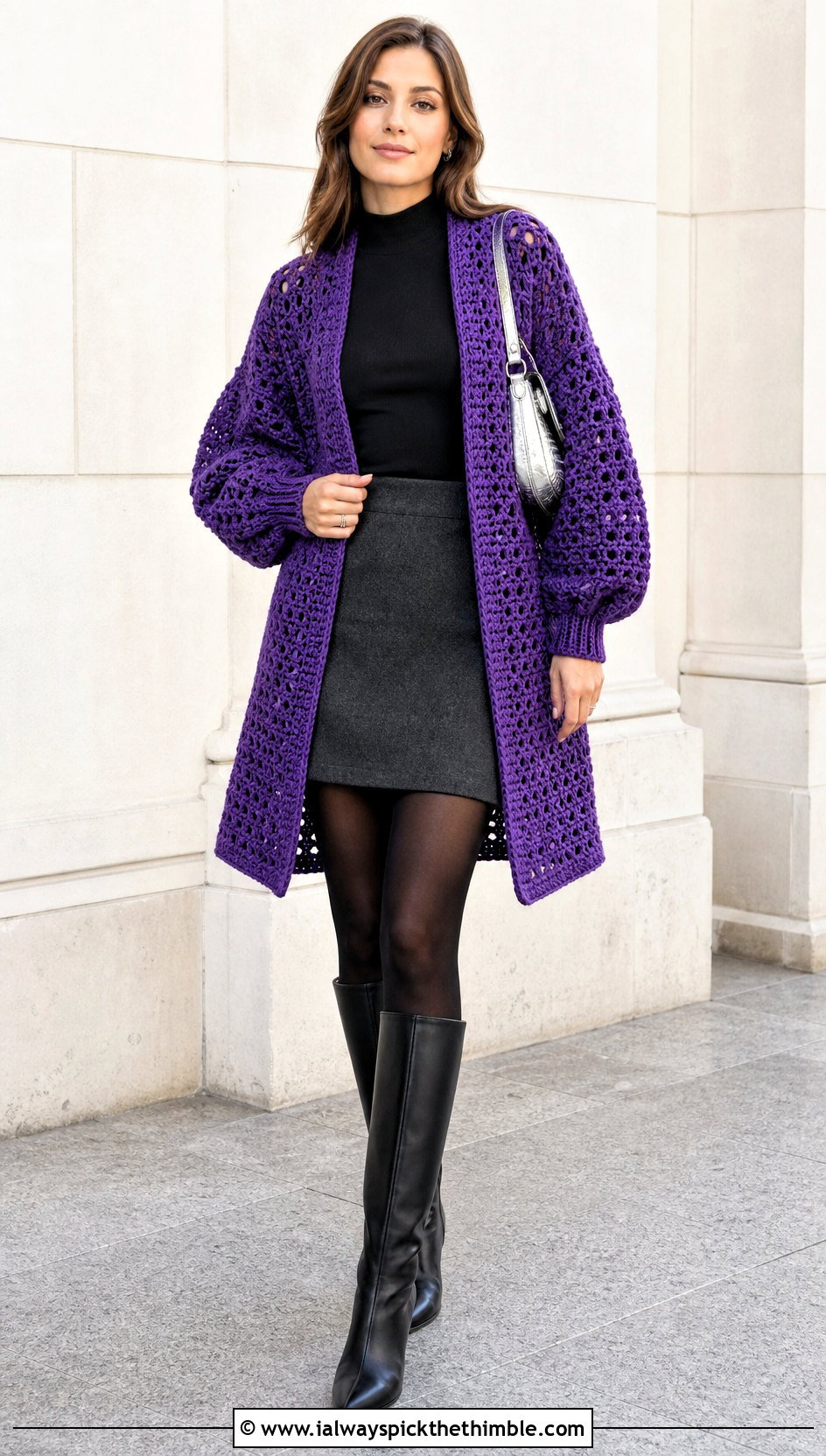 Balloon Sleeve Crochet Sweater Coat With A Mini Skirt - 20 Crochet Sweater Coat outfit ideas