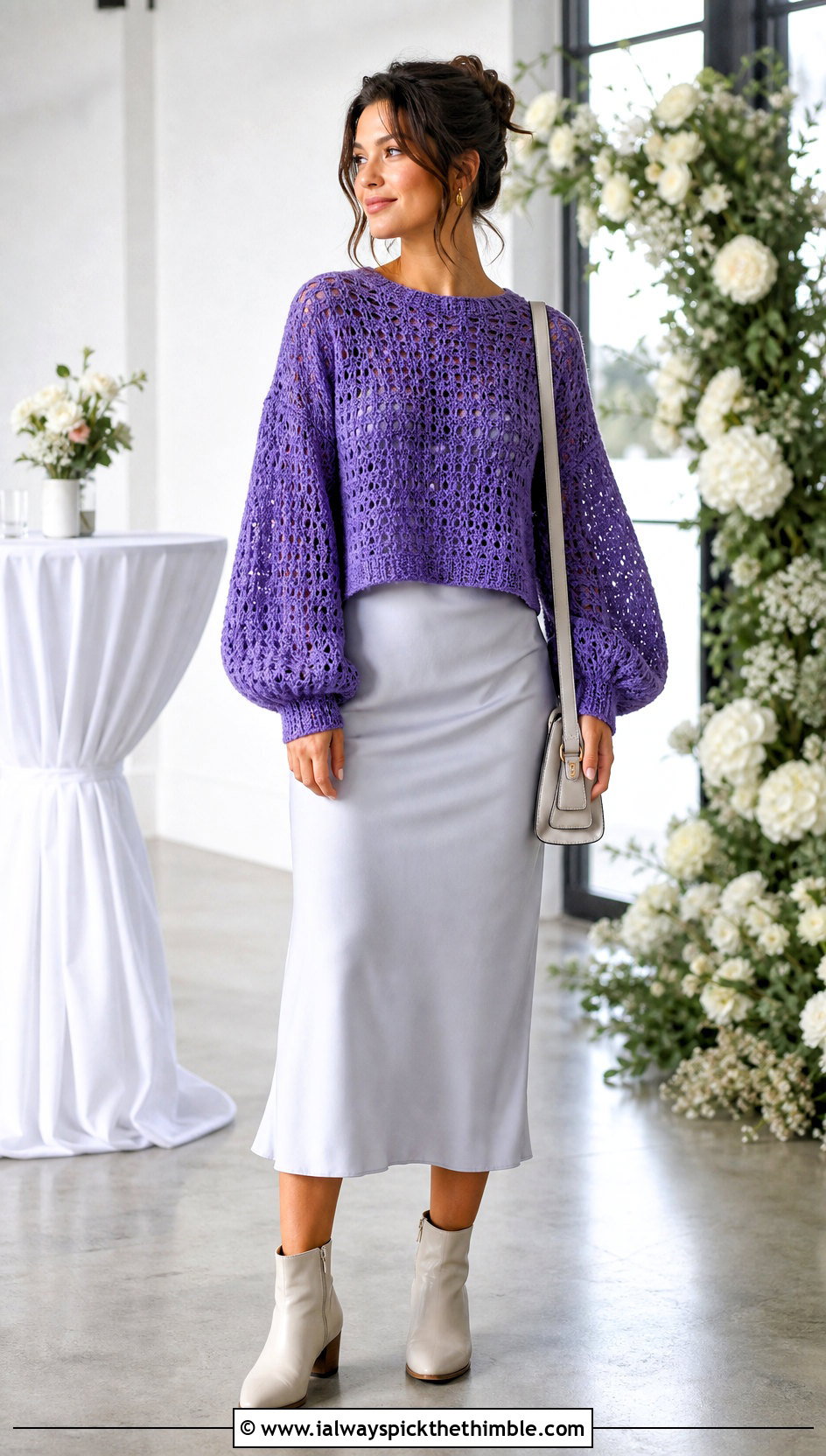Balloon Sleeve Crochet Sweater Over A Slip Dress - 15 crochet sweater collection outfit ideas