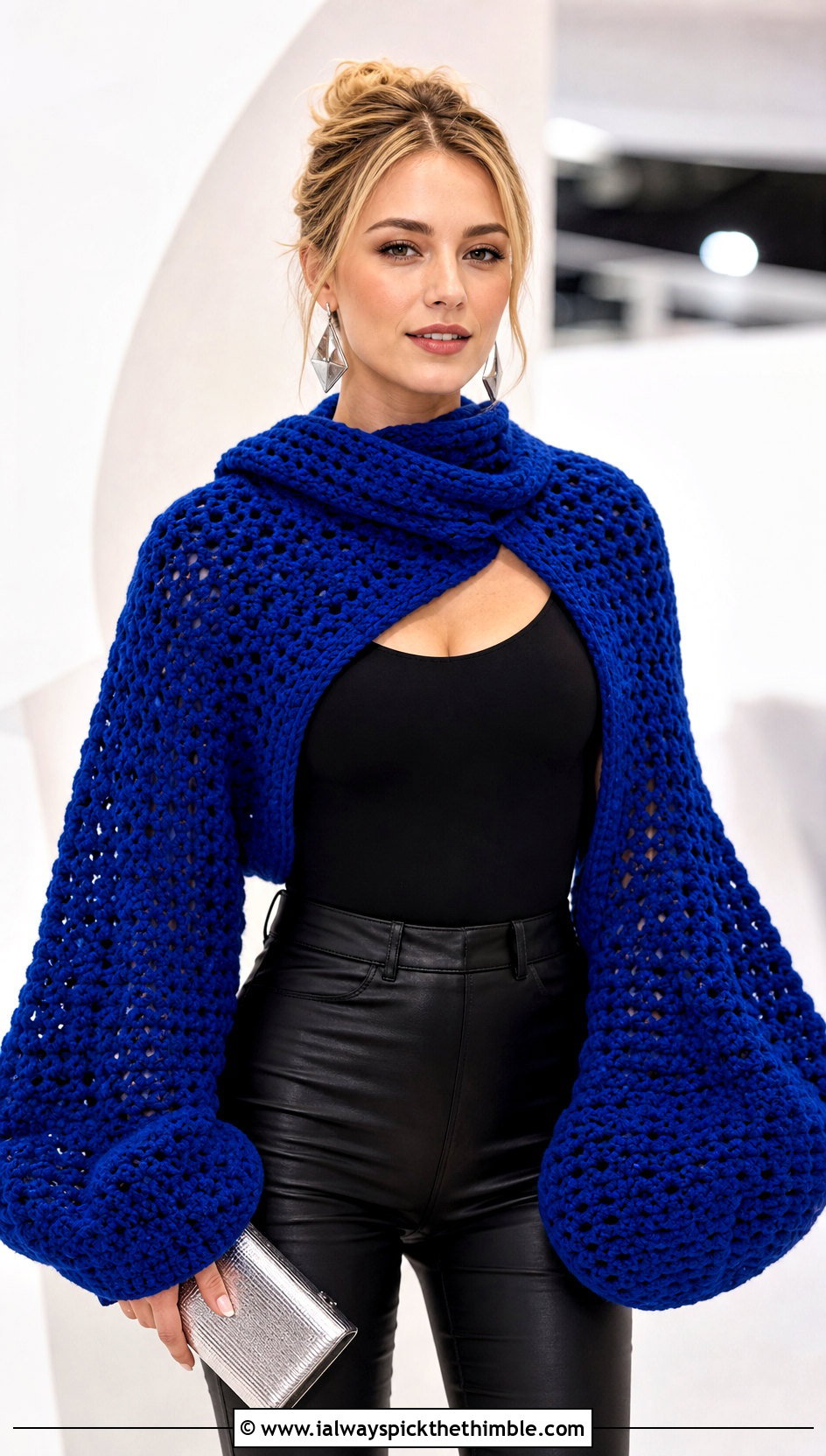 Balloon Sleeve Crochet Sweater Scarf With Leather Pants - 25 crochet sweater scarf outfit ideas