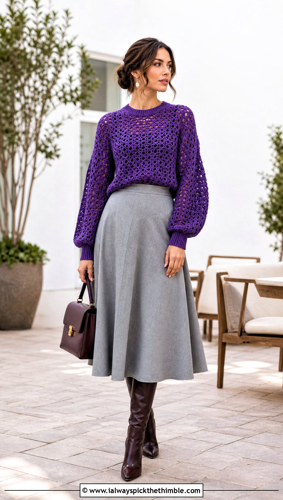 Balloon Sleeve Crochet Sweater With A Line Midi Skirt - 20 fall crochet sweaters outfit ideas