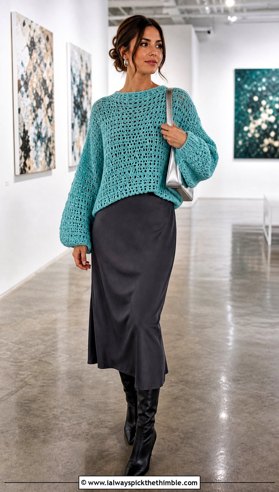 Balloon Sleeve Crochet Sweater With A Slip Dress - 20 handmade crochet sweater outfit ideas