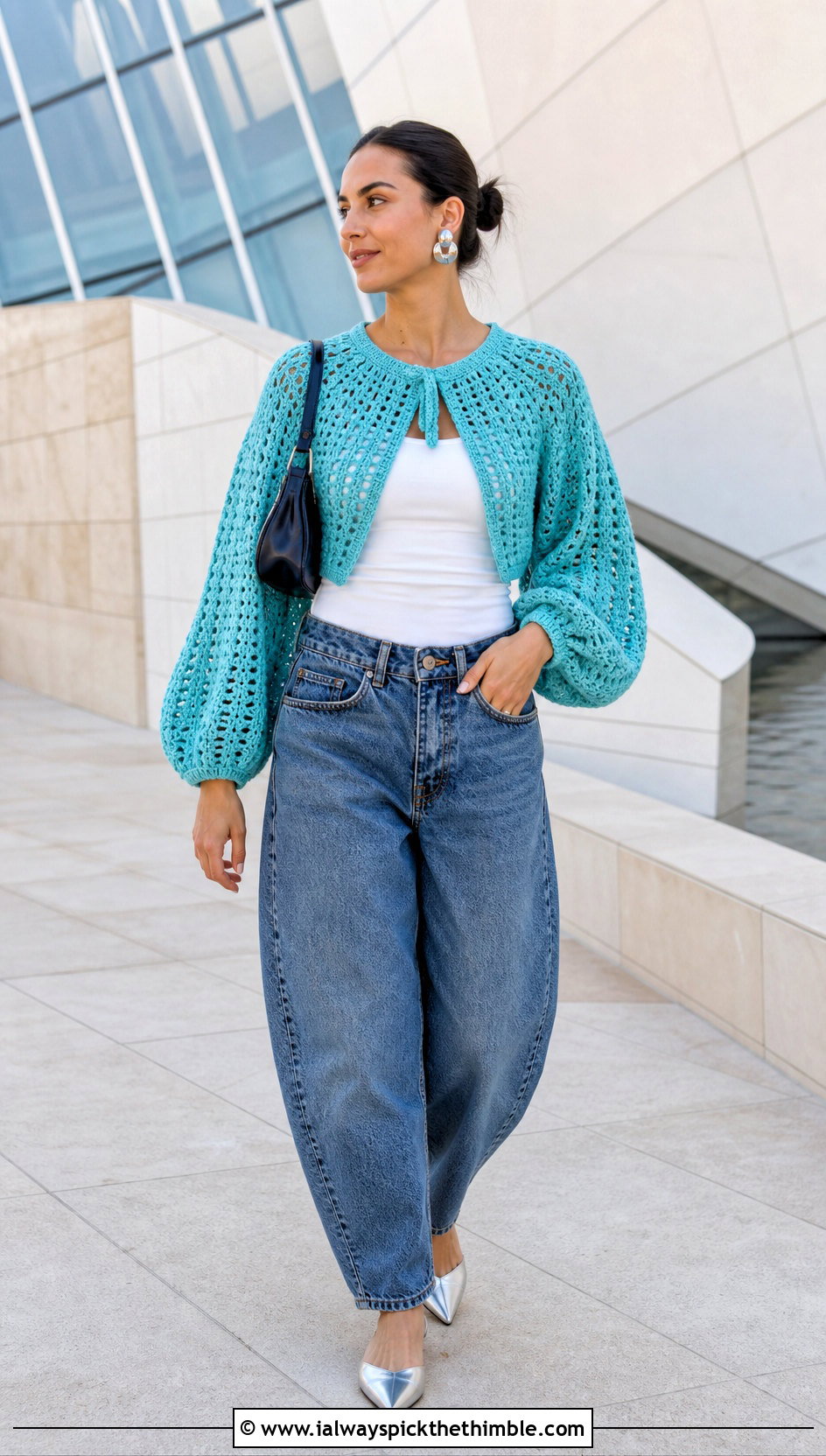 Balloon Sleeve Crochet Sweater With Barrel Jeans - 15 Crochet Shirt Sweaters & Cardigans outfit ideas