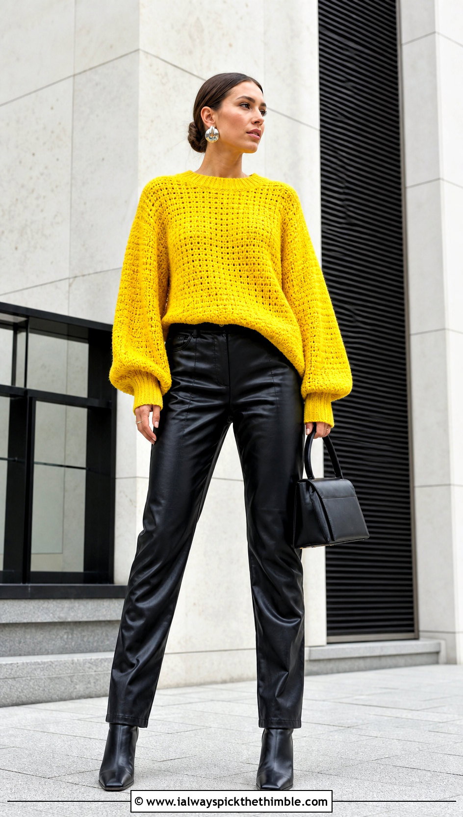 Balloon Sleeve Crochet Sweater With Black Leather Pants - 15 Super Slouchy Crochet Sweater outfit ideas