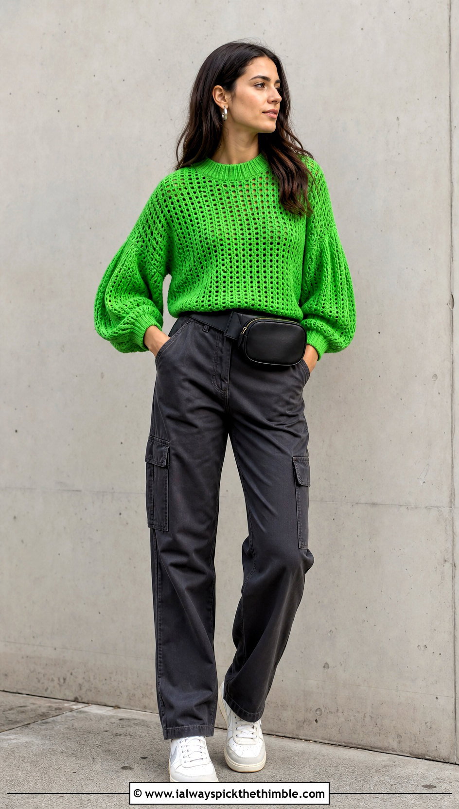 Balloon Sleeve Crochet Sweater With Cargo Pants - 25 crochet sweater for women outfit ideas