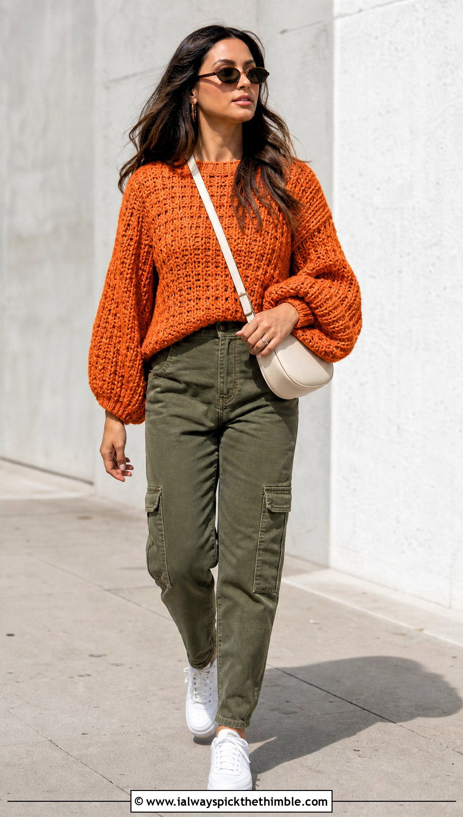 Balloon Sleeve Crochet Sweater With Cargo Pants - 15 vibrant crochet sweater design outfit ideas