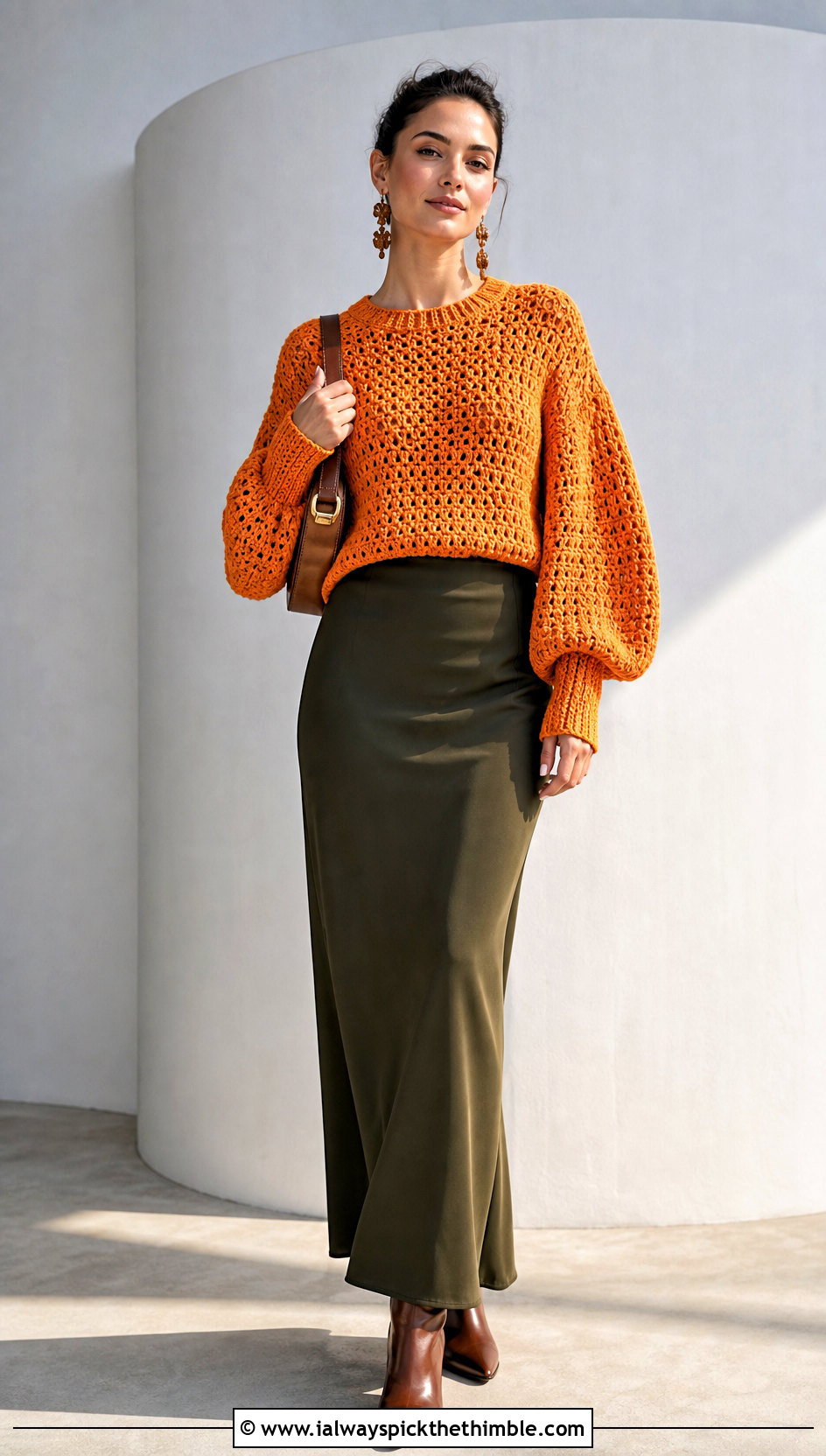 Balloon Sleeve Crochet Sweater With Column Maxi Skirt - 15 Boho Style Crochet Sweater outfit ideas