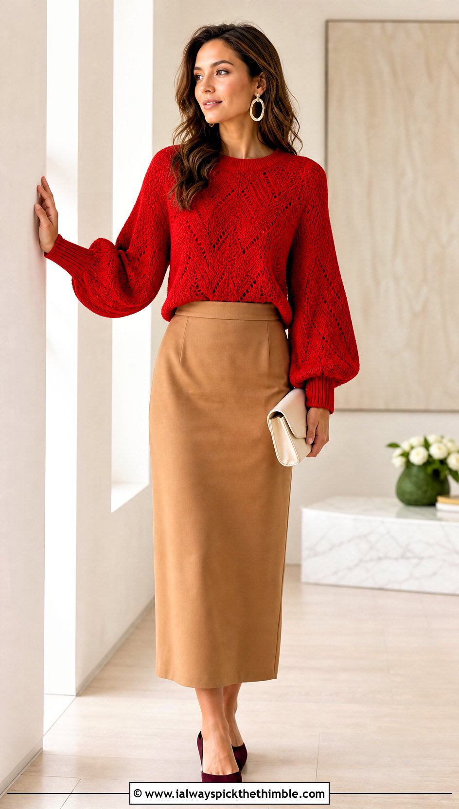 Balloon Sleeve Crochet Sweater With Column Skirt - 20 crochet sweater inspiration outfit ideas
