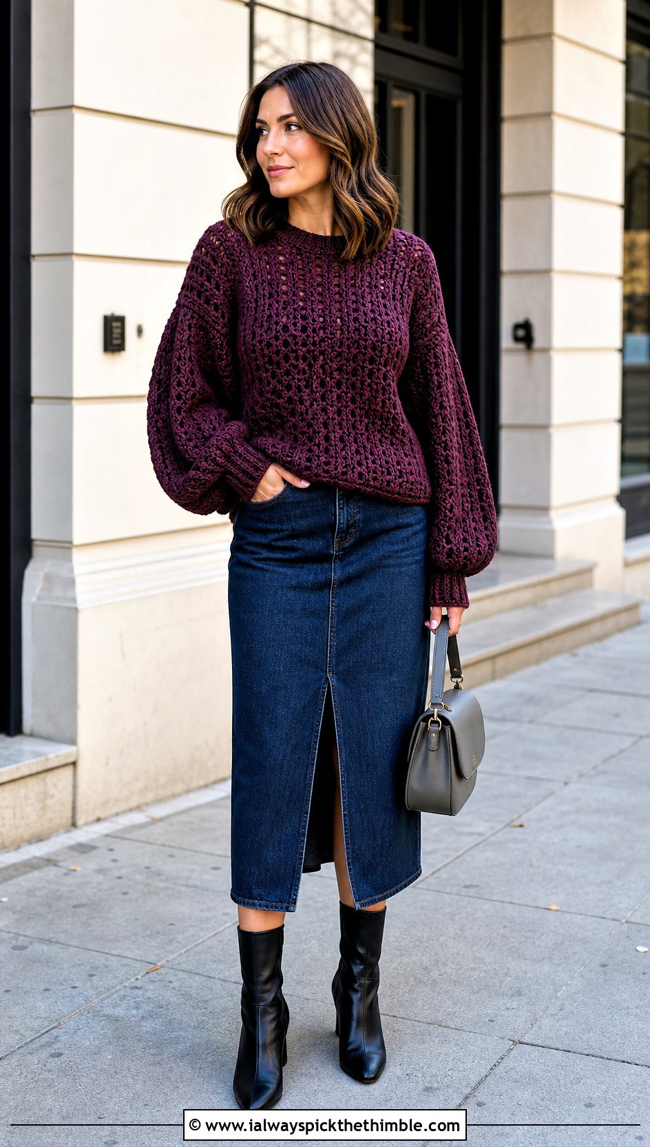 Balloon Sleeve Crochet Sweater With Denim Midi Skirt - 20 chunky yarn crochet sweater outfit ideas