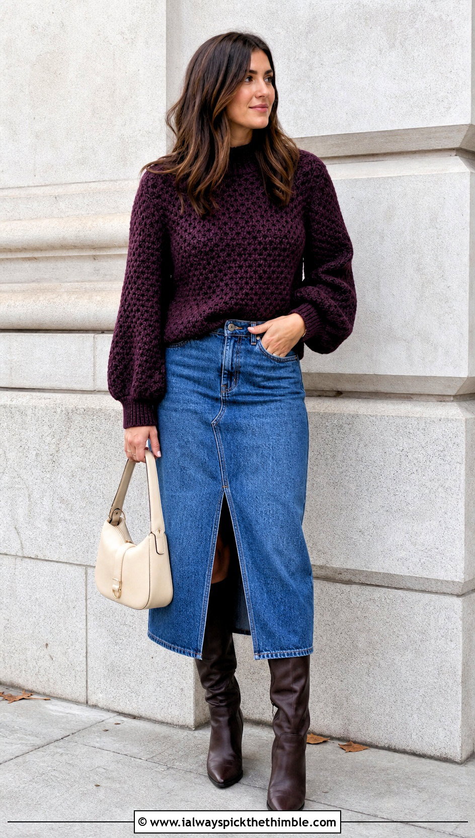 Balloon Sleeve Crochet Sweater With Denim Midi Skirt - 25 crochet sweater women outfit ideas