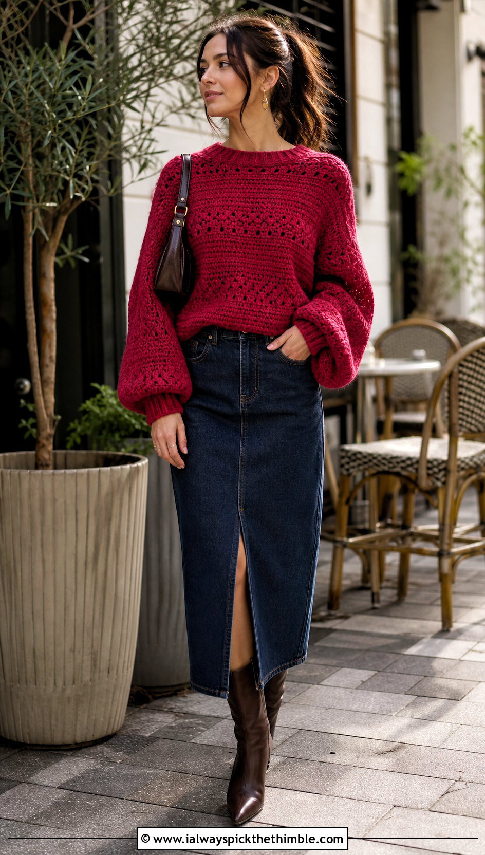 Balloon Sleeve Crochet Sweater With Denim Midi Skirt - 25 oversized crochet sweater outfit ideas