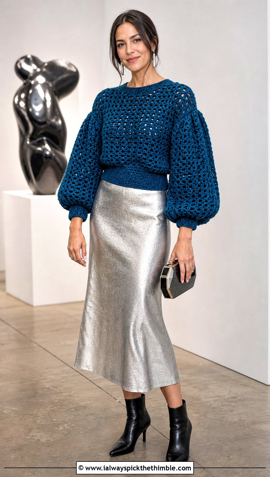 Balloon Sleeve Crochet Sweater With Metallic Midi Skirt - 20 crochet key sweater outfit ideas