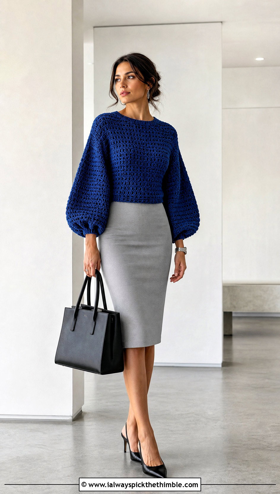 Balloon Sleeve Crochet Sweater With Pencil Skirt - 20 Boho Crochet Sweater outfit ideas