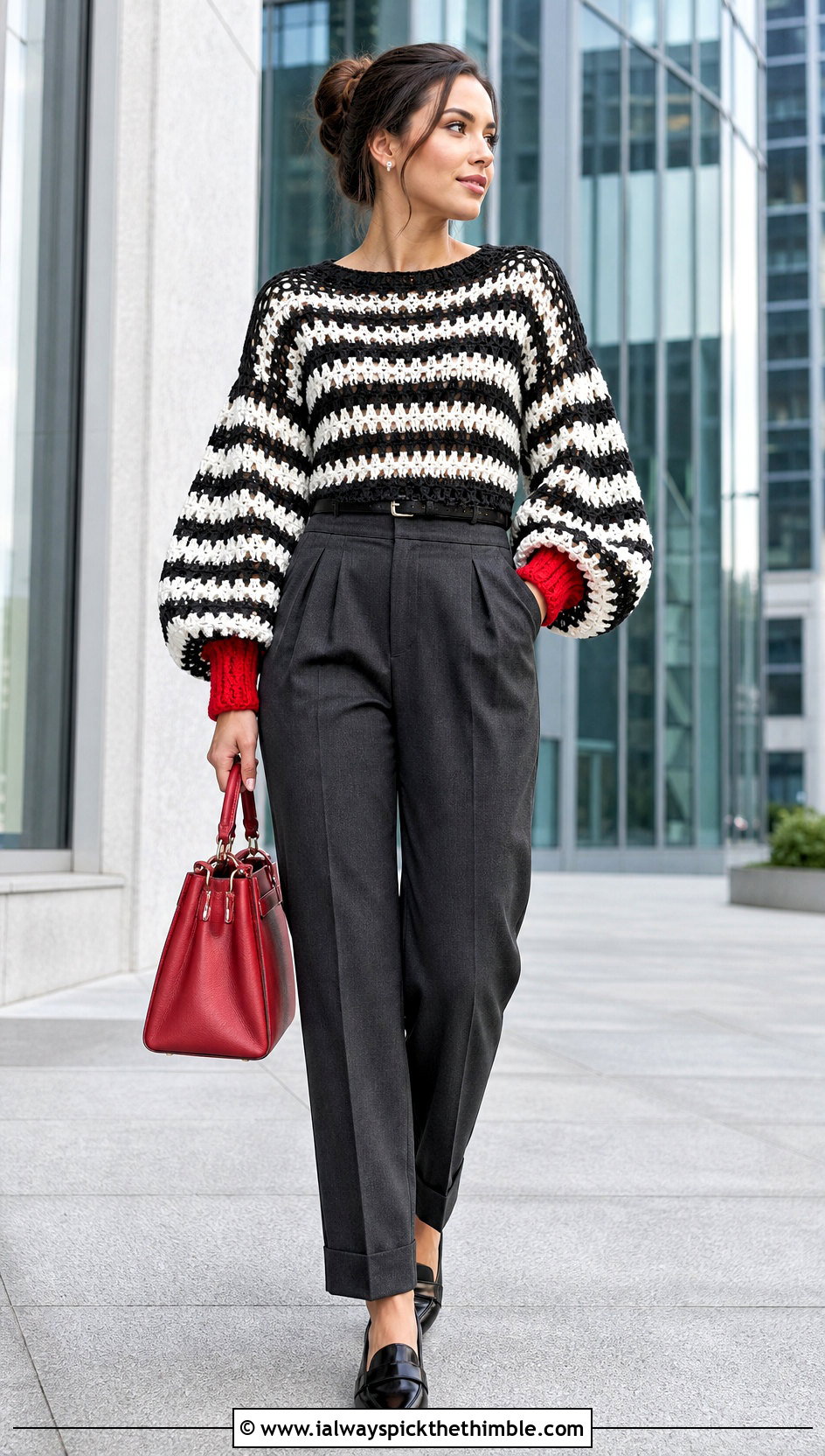 Balloon Sleeve Crochet Sweater With Pleated Trousers - 25 black and white crochet sweater outfit ideas