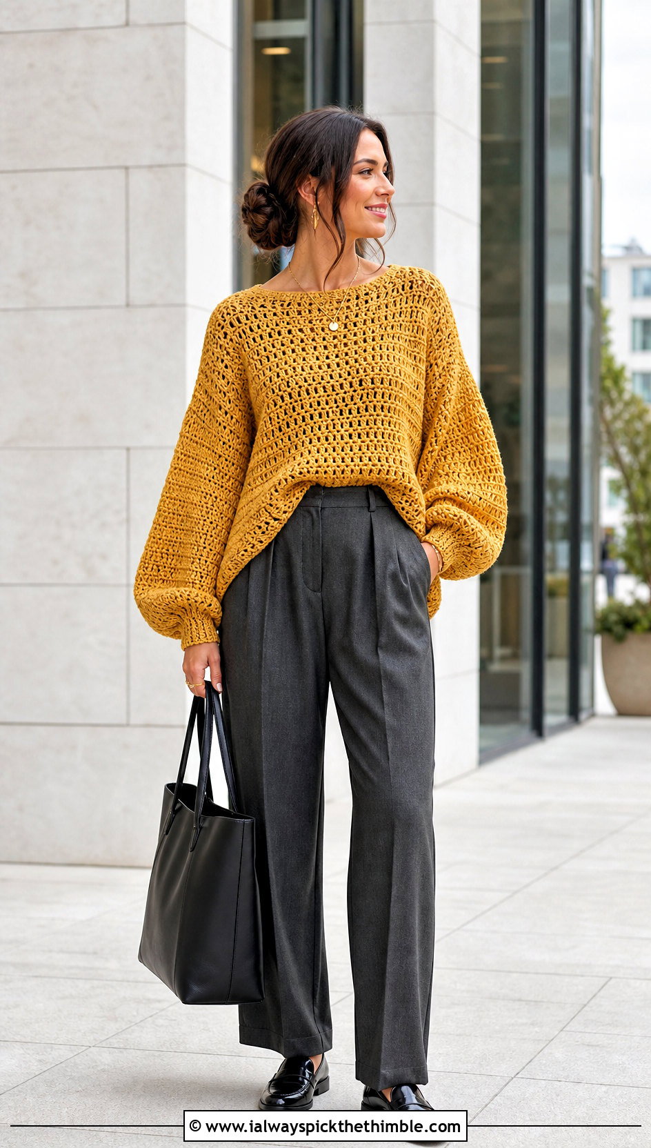 Balloon Sleeve Crochet Sweater With Pleated Trousers - 20 Crochet Oversize Sweater outfit ideas