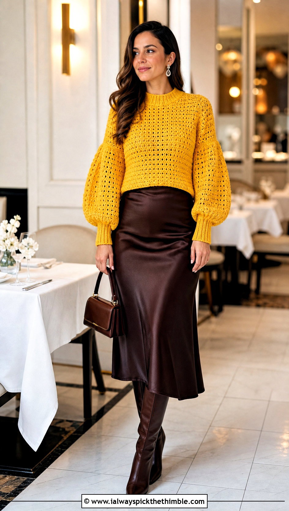 Balloon Sleeve Crochet Sweater With Satin Midi Skirt - 20 Valentines Day Crochet Sweater outfit ideas