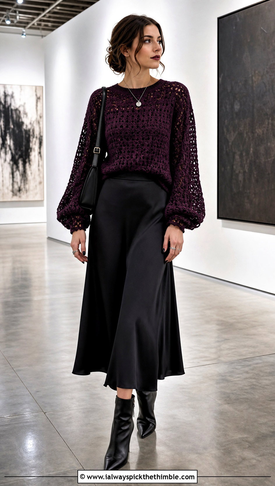 Balloon Sleeve Crochet Sweater With Satin Midi Skirt - 20 goth crochet sweater outfit ideas