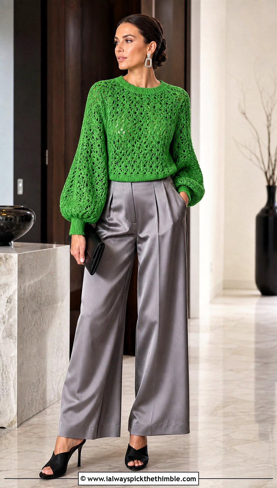 Balloon Sleeve Crochet Sweater With Satin Pants - 20 Crocheted Sweaters For Women outfit ideas