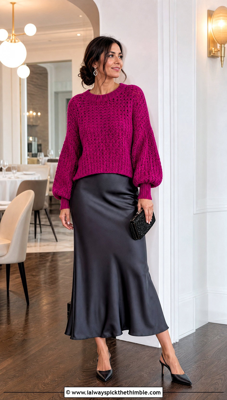 Balloon Sleeve Crochet Sweater With Satin Slip Skirt - 20 Crochet Thanksgiving Sweater outfit ideas