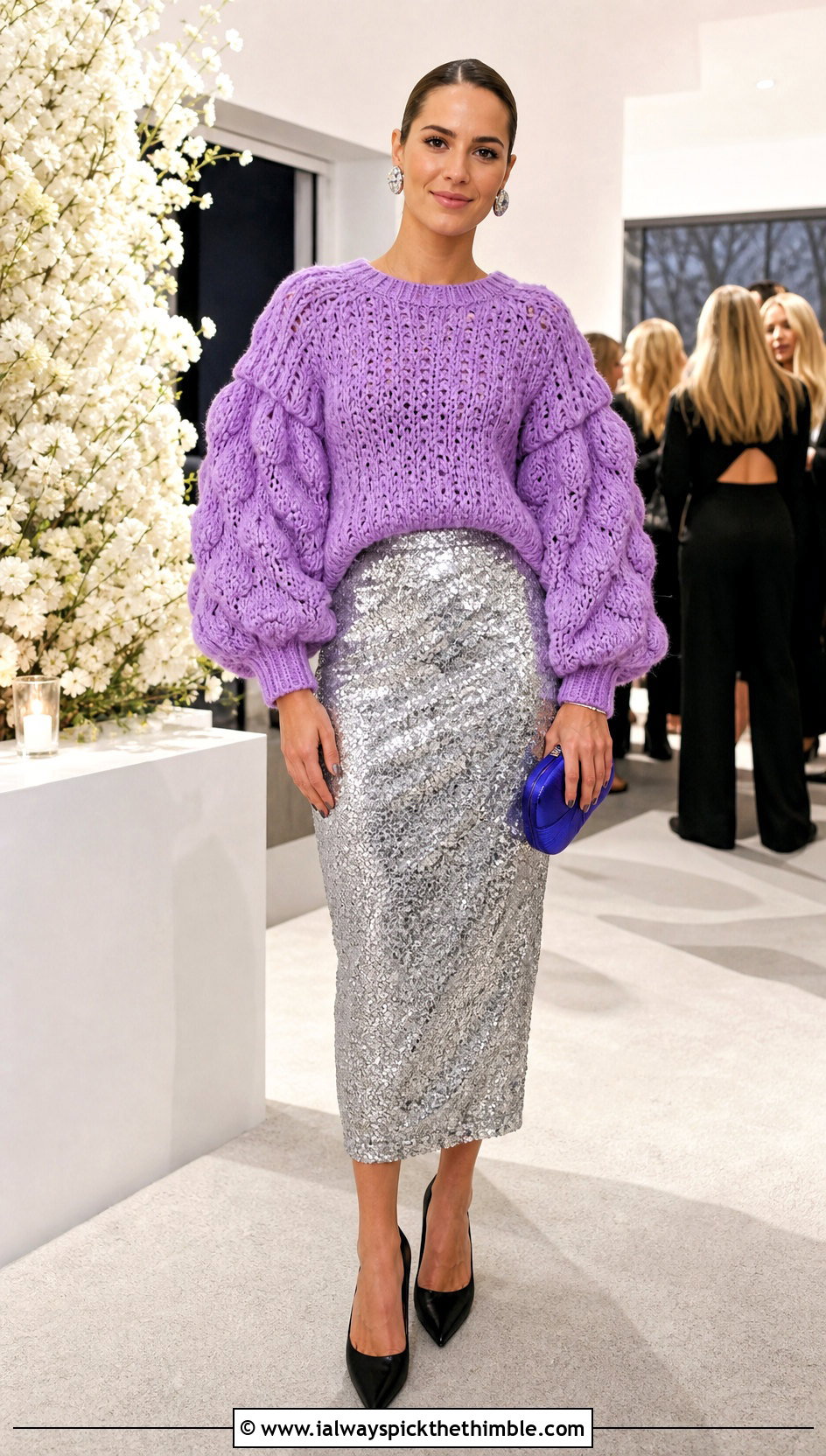 Balloon Sleeve Crochet Sweater With Sequin Skirt - 20 Crochet Textured Sweater outfit ideas