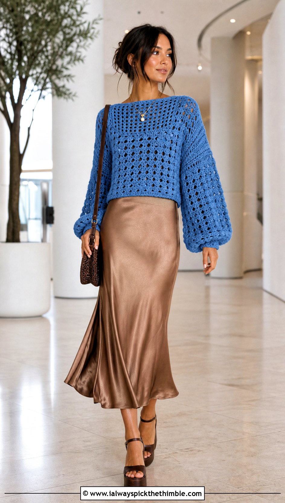Balloon Sleeve Crochet Sweater With Slip Dress - 15 Crochet Sweater 70S outfit ideas