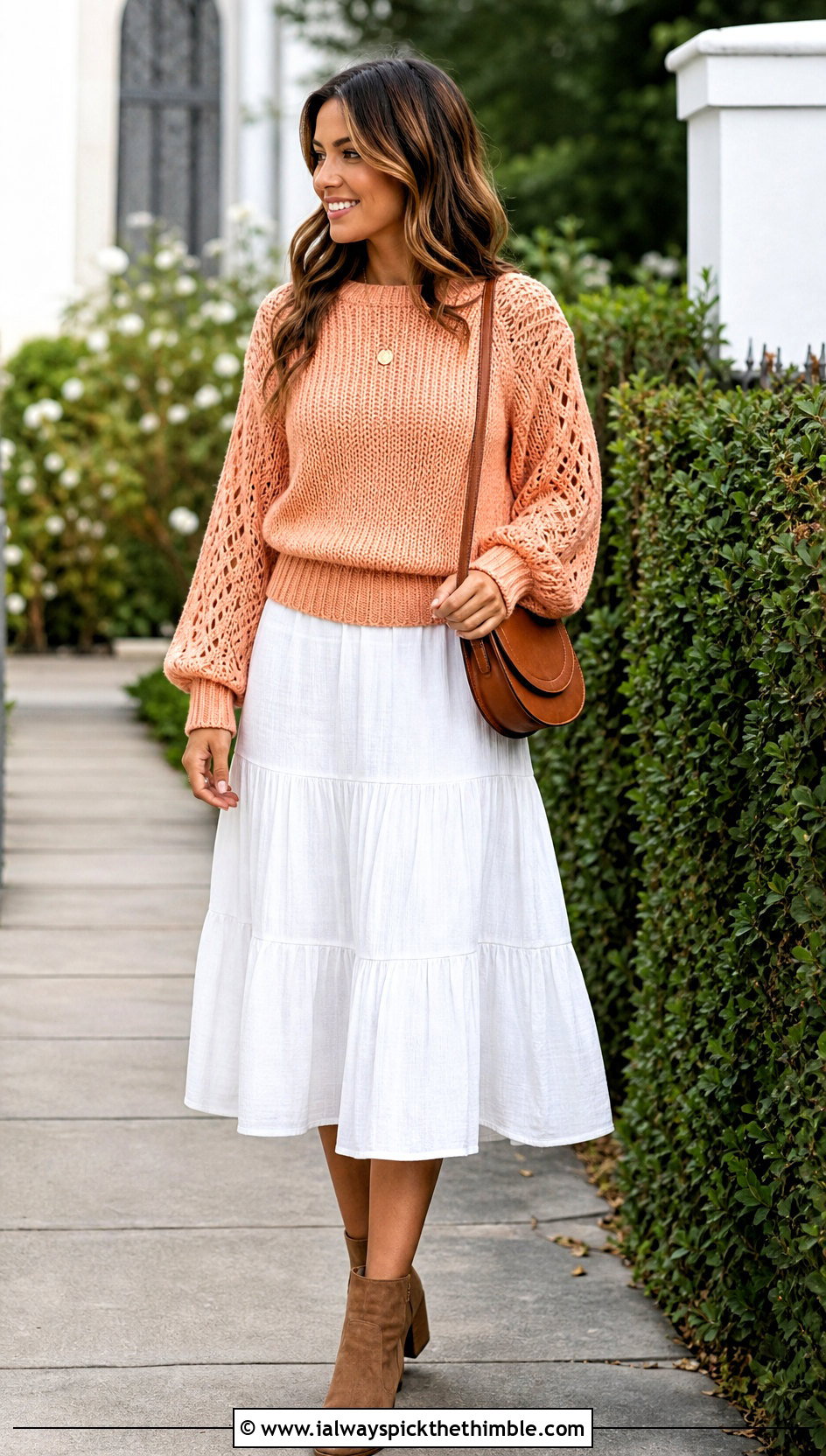 Balloon Sleeve Crochet Sweater With Tiered Cotton Skirt - 20 crochet sweater and skirt outfit ideas