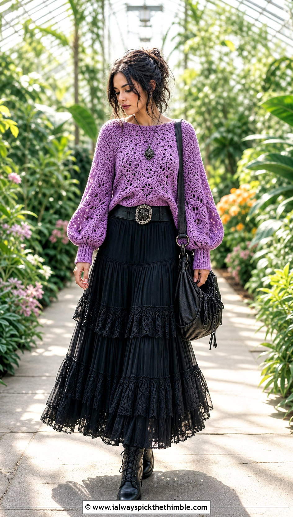 Balloon Sleeve Crochet Sweater With Tiered Maxi Skirt - 20 alt crochet sweater outfit ideas