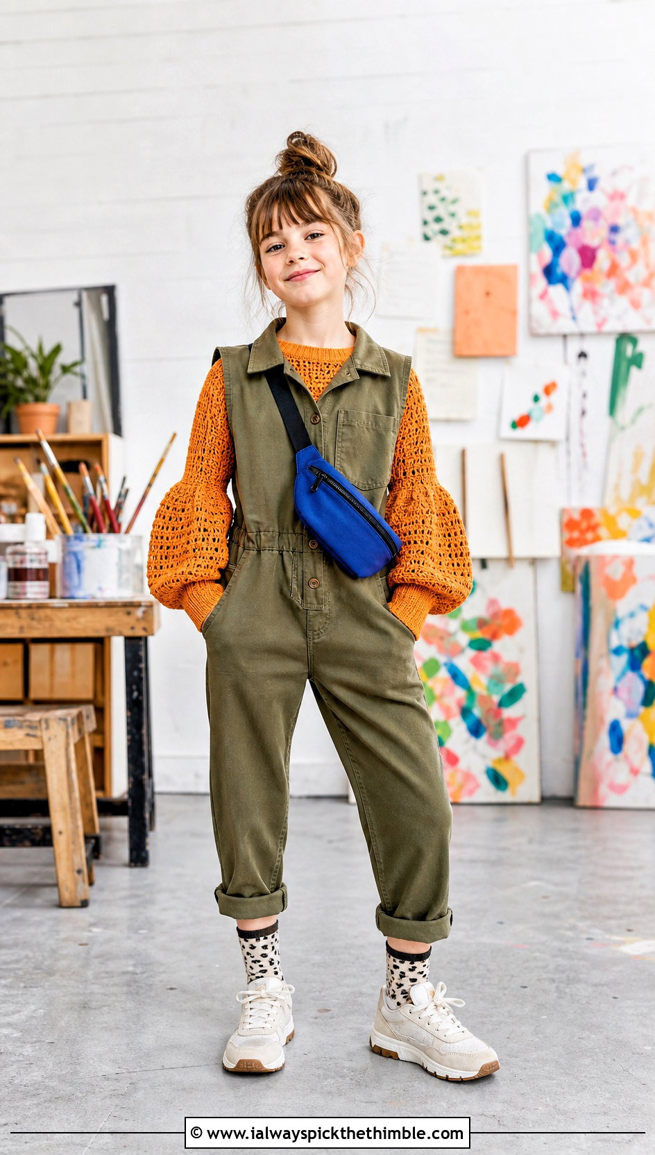 Balloon Sleeve Crochet Sweater With Utility Jumpsuit - 15 Crochet Childs Sweater outfit ideas