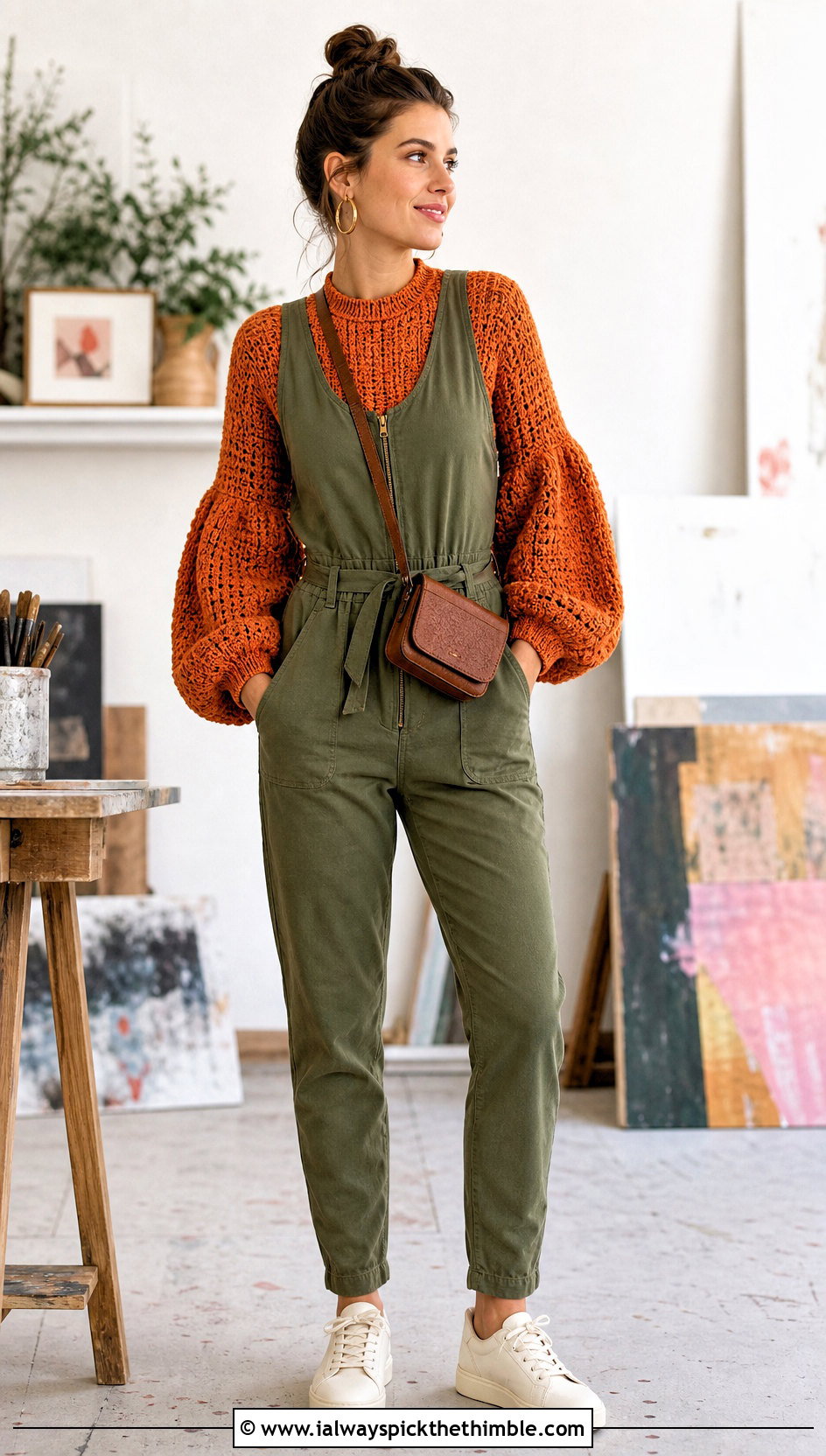 Balloon Sleeve Crochet Sweater With Utility Jumpsuit - 15 Anthropologie Crochet Sweater outfit ideas