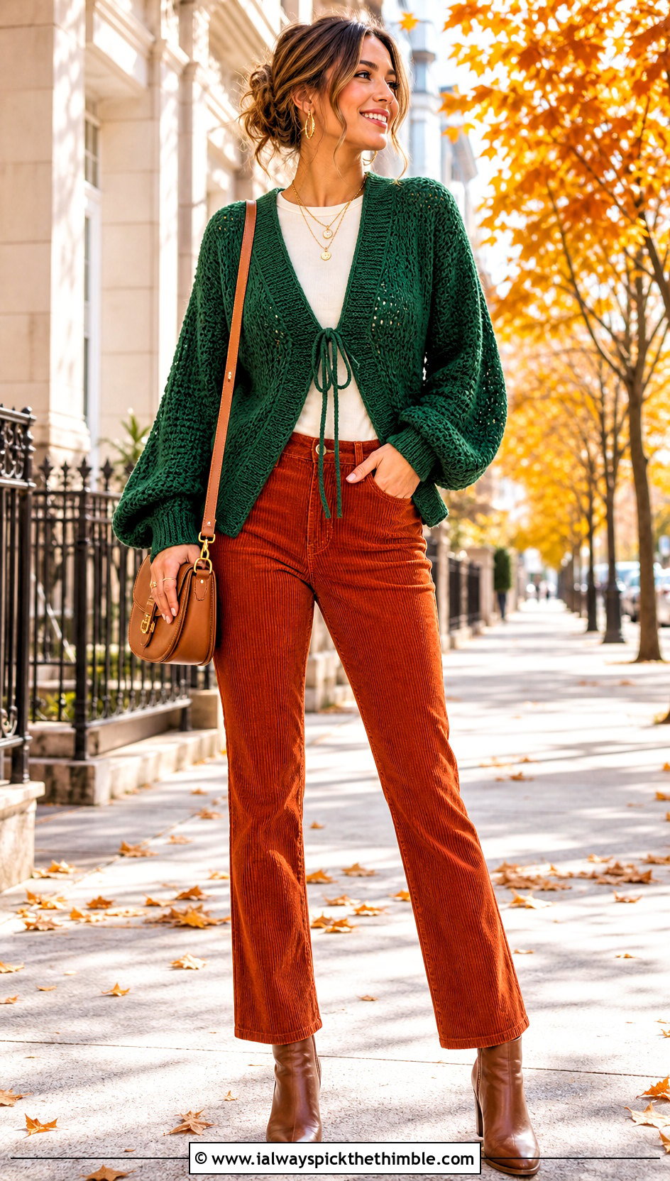 Balloon Sleeve Crochet Tie Cardigan With Corduroy Pants - 25 crochet tie cardigan outfit ideas