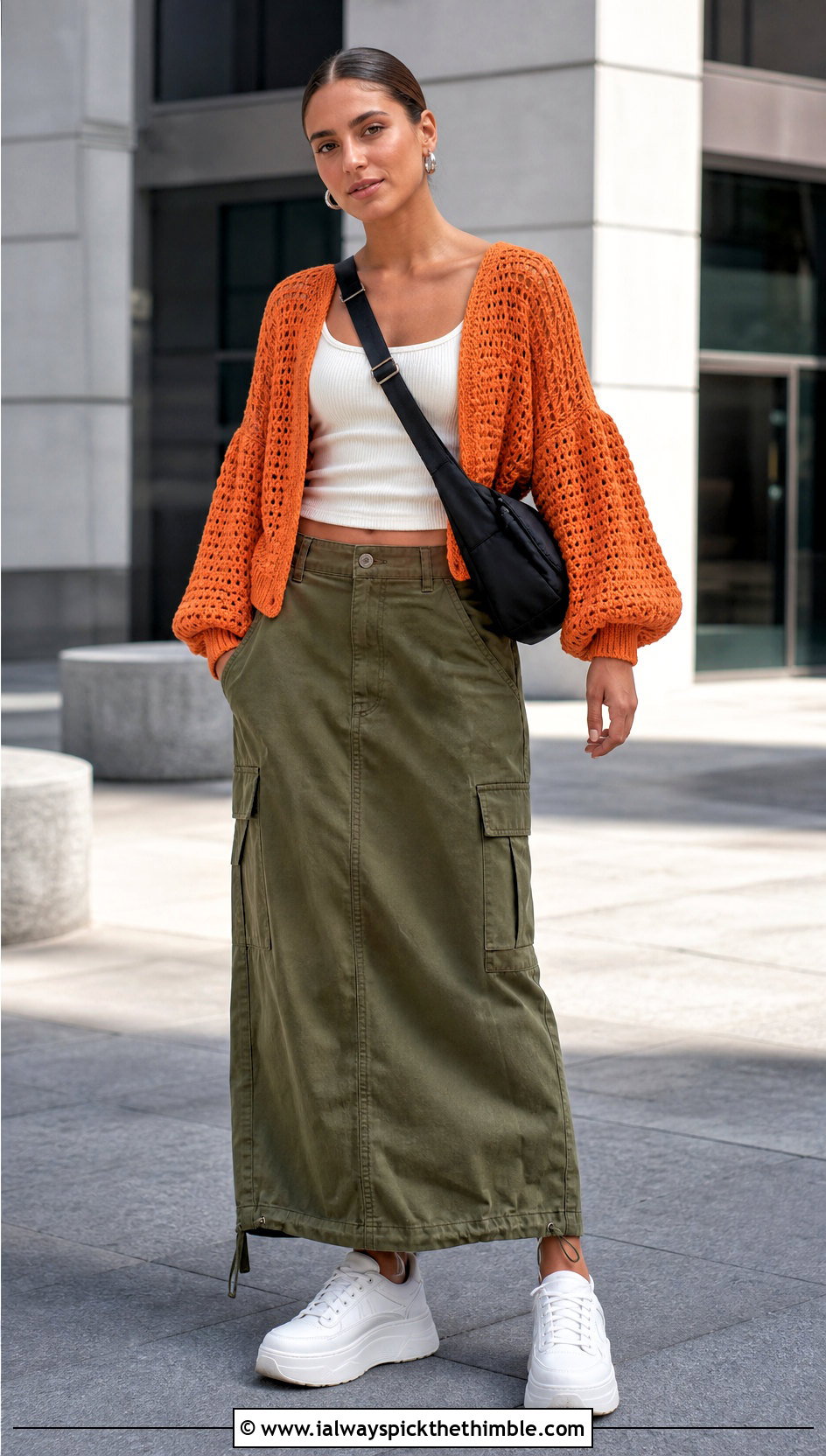 Balloon Sleeve Crochet Top With Cargo Maxi Skirt - 25 crochet sleeve top outfit ideas