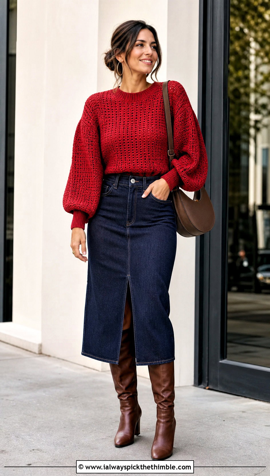 Balloon Sleeve Crochet Top With Denim Midi Skirt - 25 crochet tops with sleeves outfit ideas