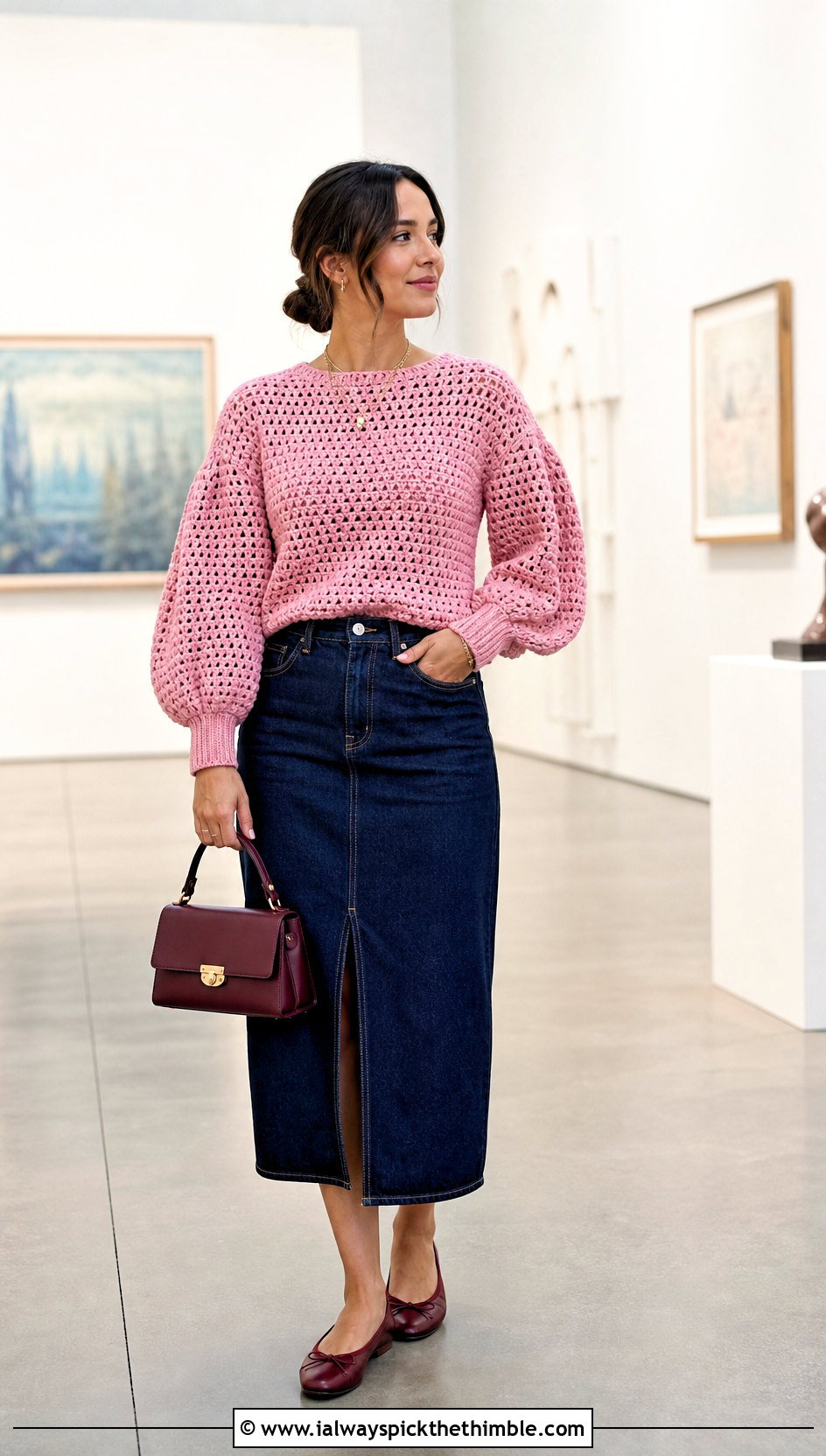 Balloon Sleeve Crochet Top With Denim Midi Skirt - 25 crochet top with sleeves outfit ideas