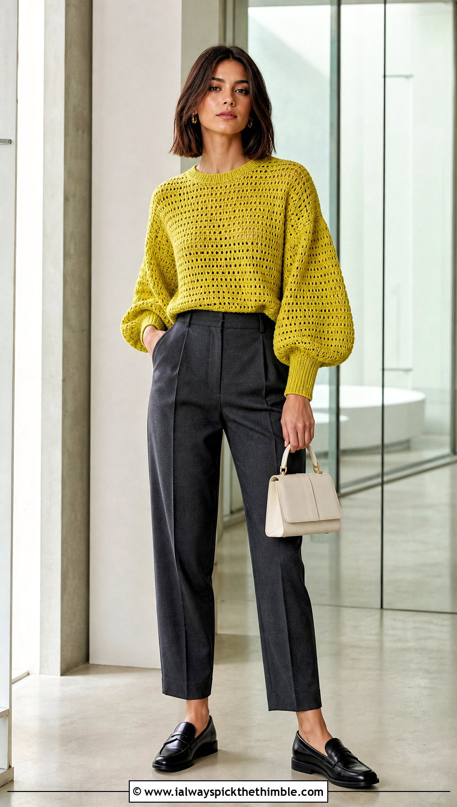 Balloon Sleeve Crochet Top With Tailored Trousers - 25 crochet top sleeves outfit ideas