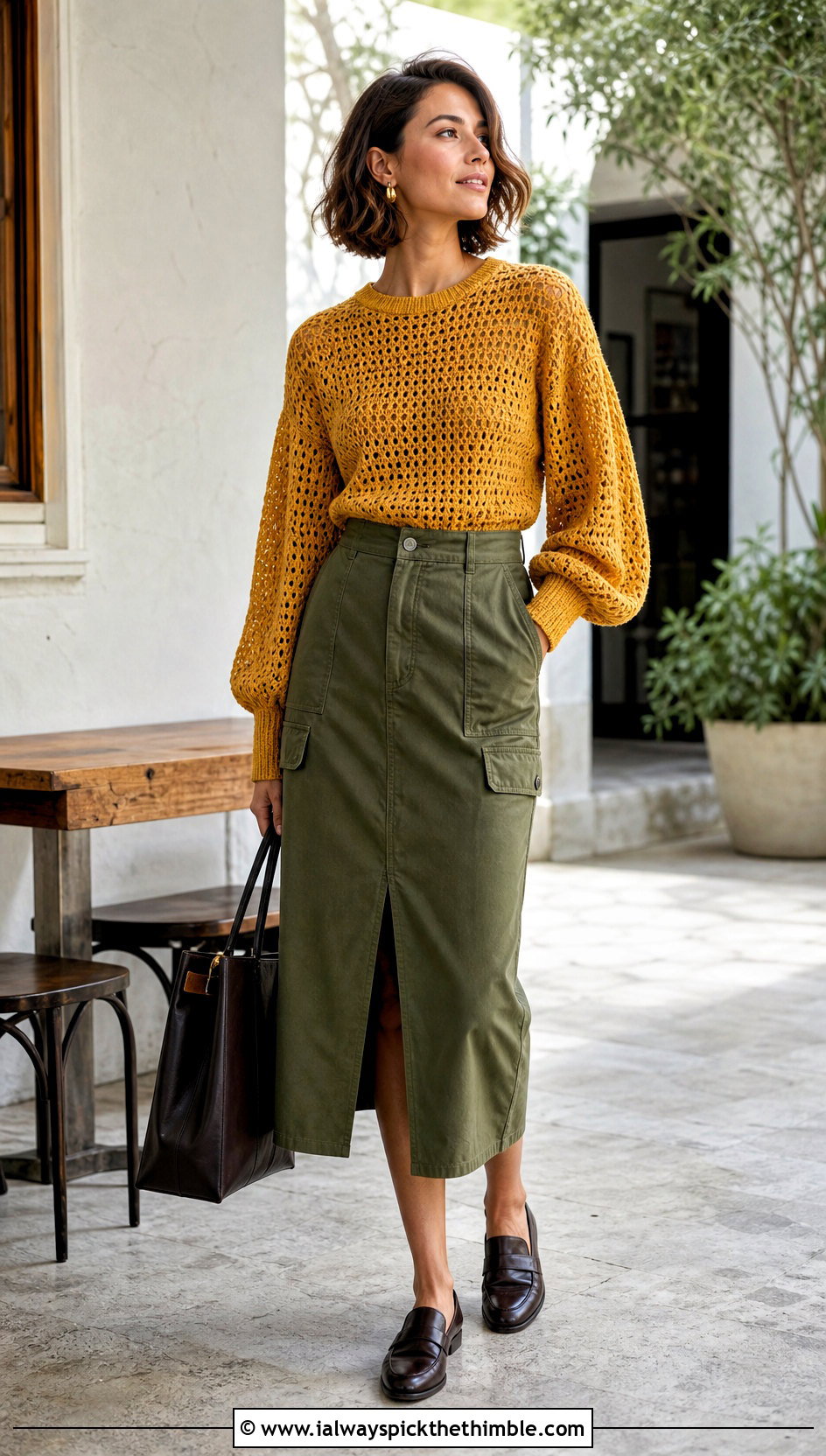 Balloon Sleeve Crochet Top With Utility Midi Skirt - 20 Crochet Tops With Long Sleeves outfit ideas