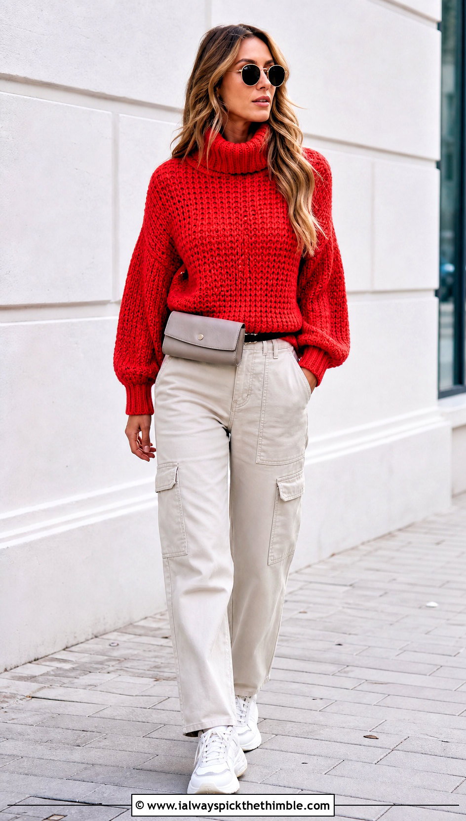 Balloon Sleeve Crochet Turtleneck Sweater With Cargo Pants - 20 crochet turtleneck sweater outfit ideas