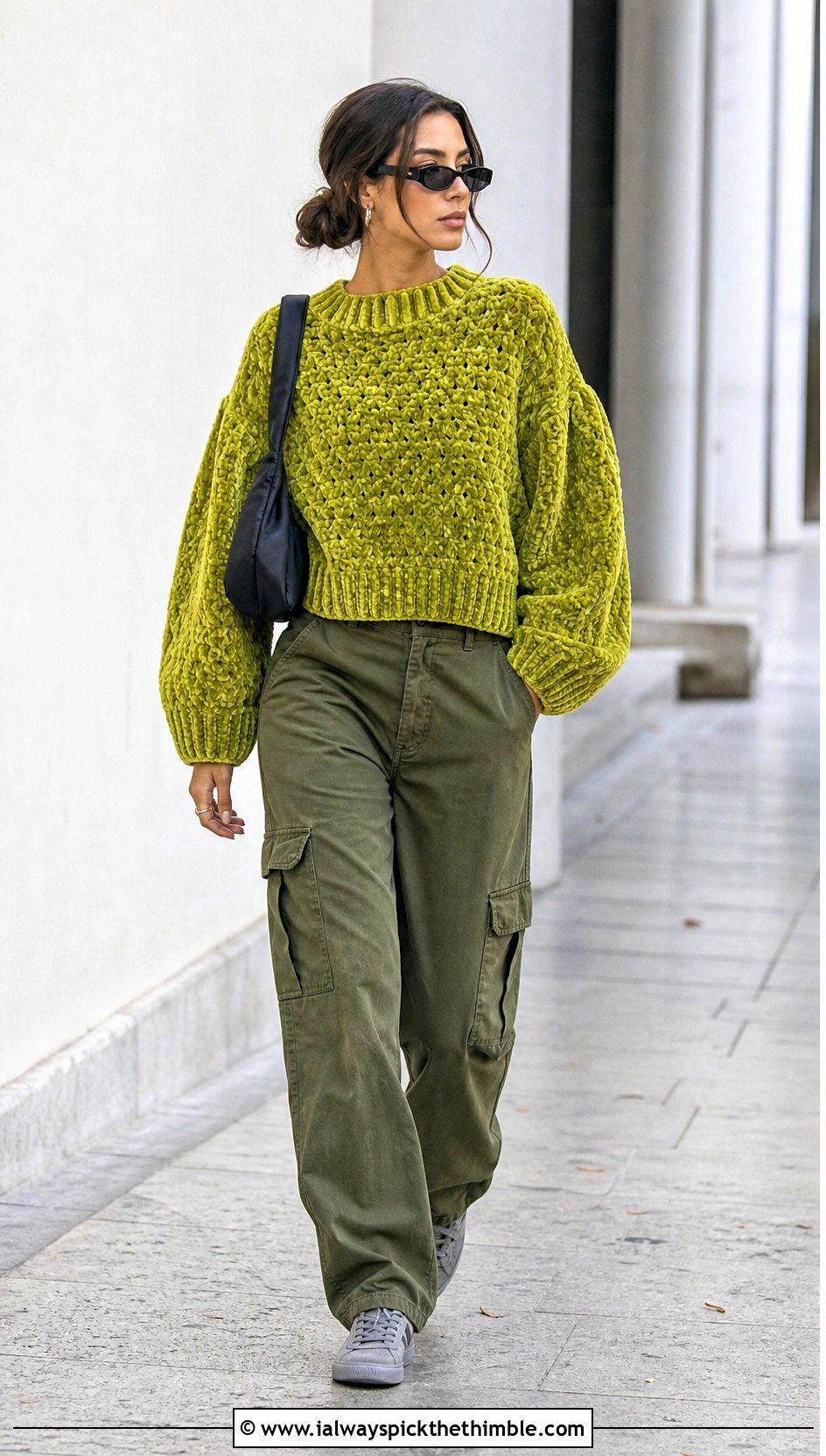 Balloon Sleeve Crochet Velvet Sweater With Cargo Pants - 20 Crochet Velvet Sweater outfit ideas