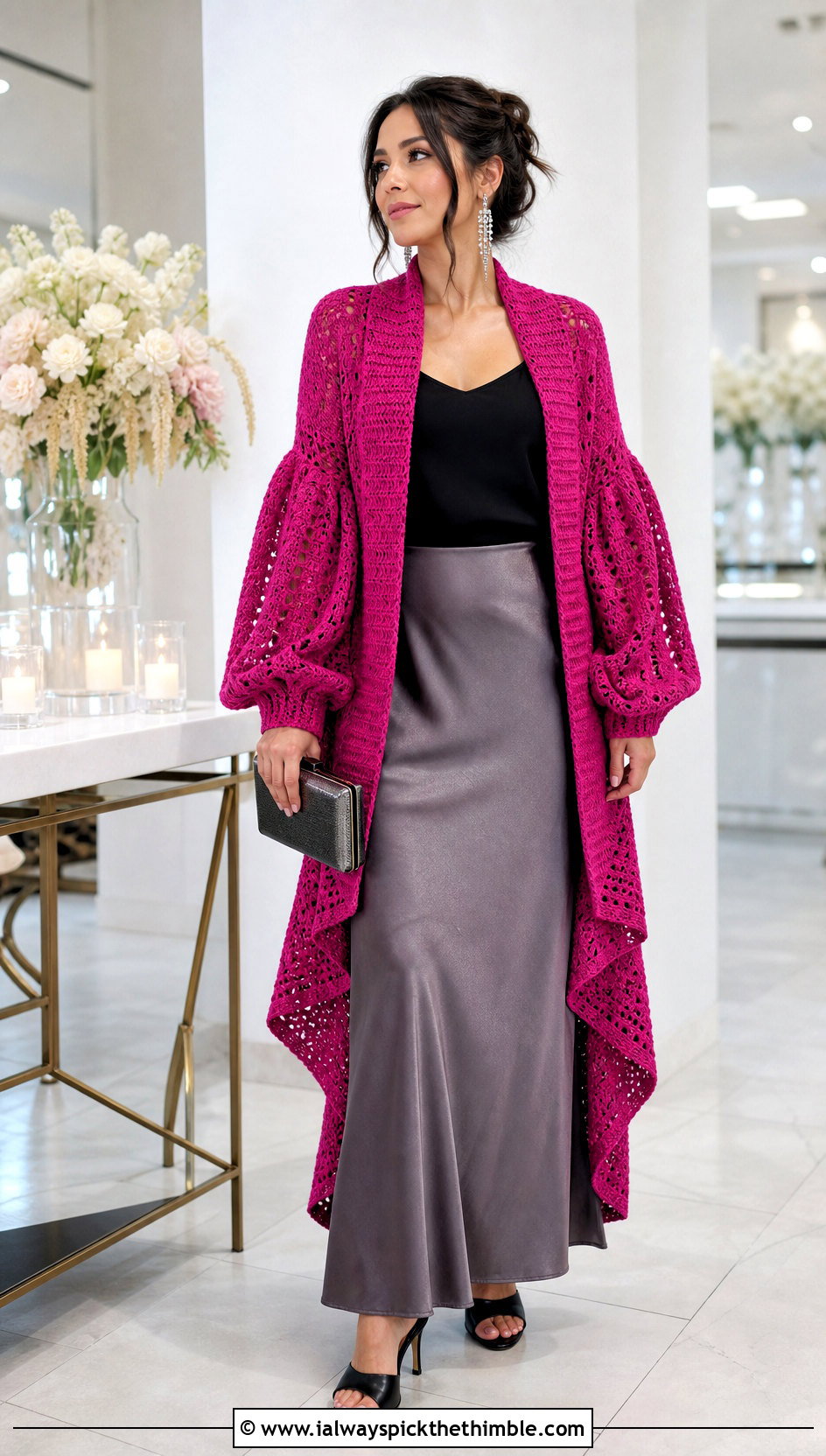 Balloon Sleeve Crochet Waterfall Cardigan With Satin Maxi Skirt - 20 crochet waterfall cardigan outfit ideas