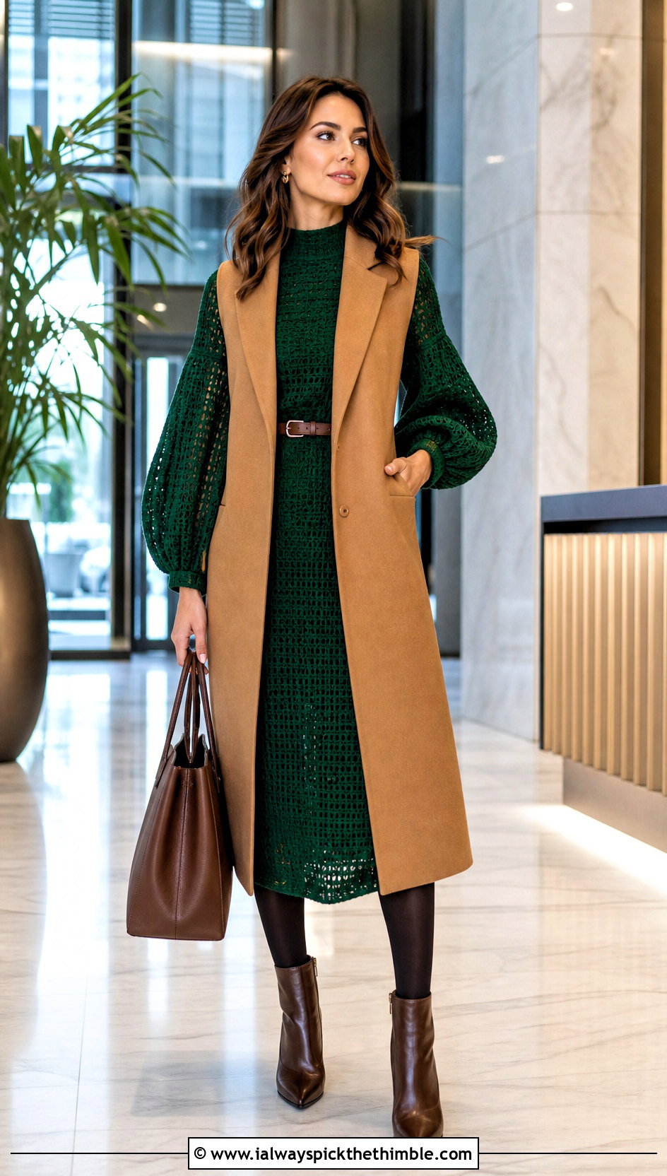 Balloon Sleeve Crochet Winter Dress With Tailored Vest - 25 crochet winter dress outfit ideas