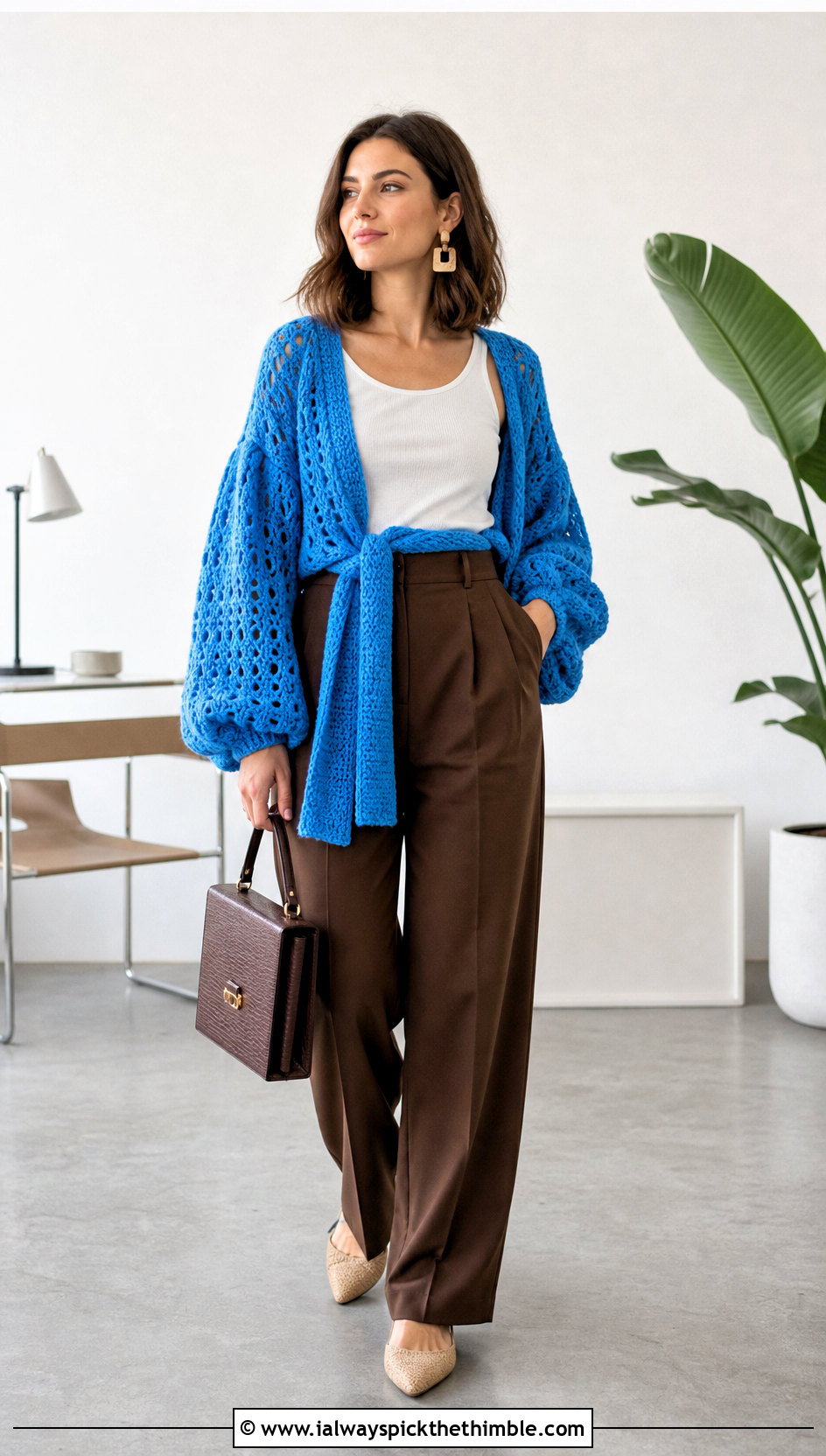 Balloon Sleeve Crochet Wrap With Pleated Trousers - 25 crochet wrap with sleeves outfit ideas
