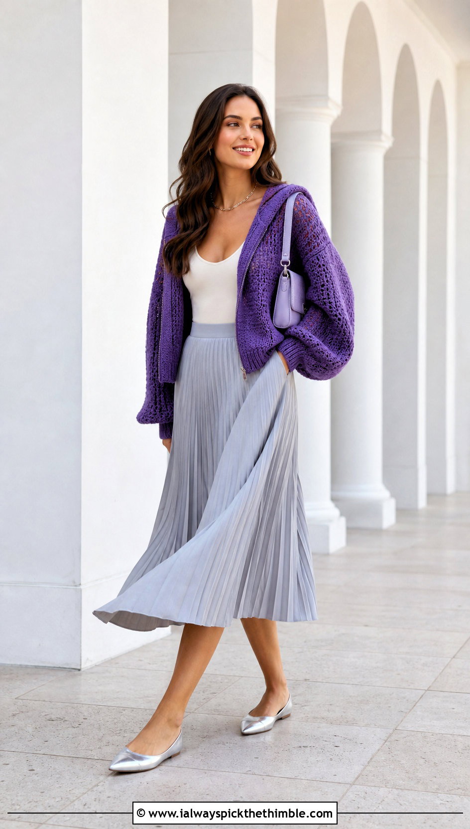 Balloon Sleeve Crochet Zip Up Hoodie With Pleated Skirt - 20 crochet zip up hoodie outfit ideas